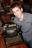 Ciaran Brown with Sir Patrick Moore's Woodstock typewriter